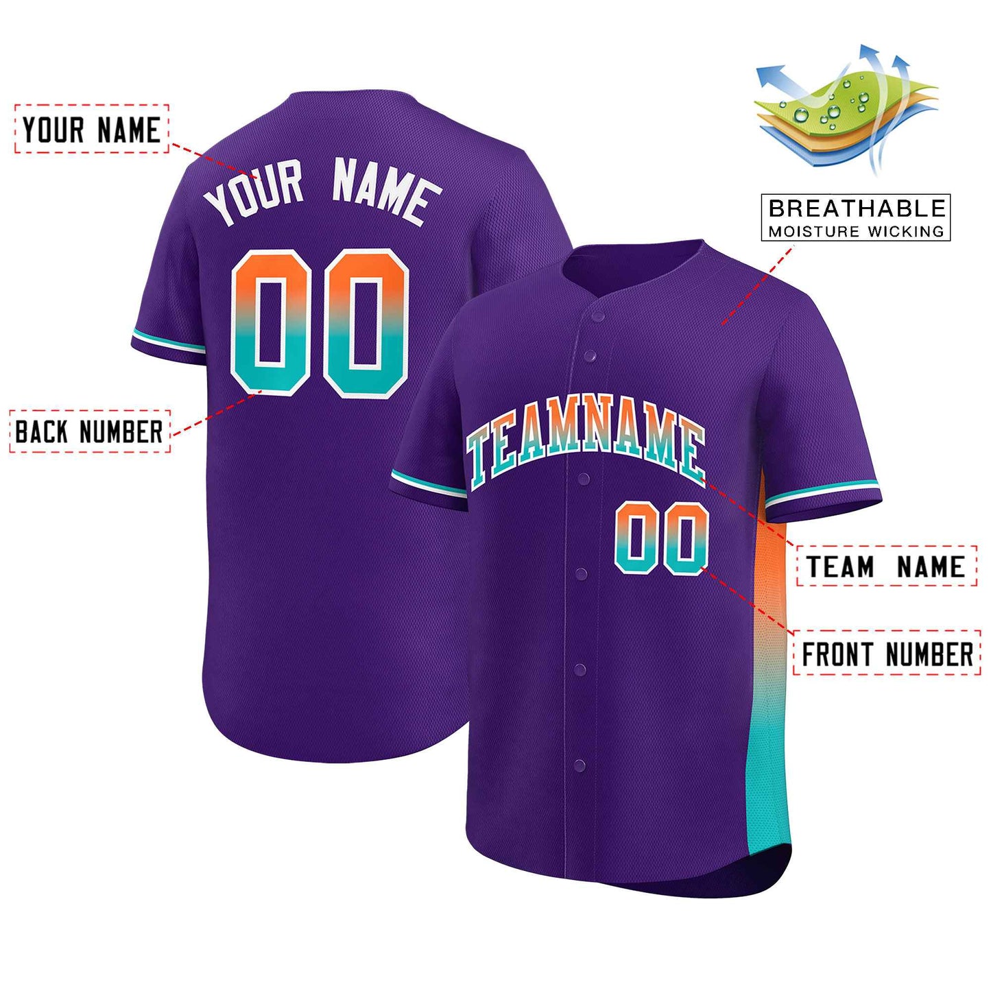 Custom Purple Orange-Aqua Personalized Gradient Font And Side Design Authentic Baseball Jersey