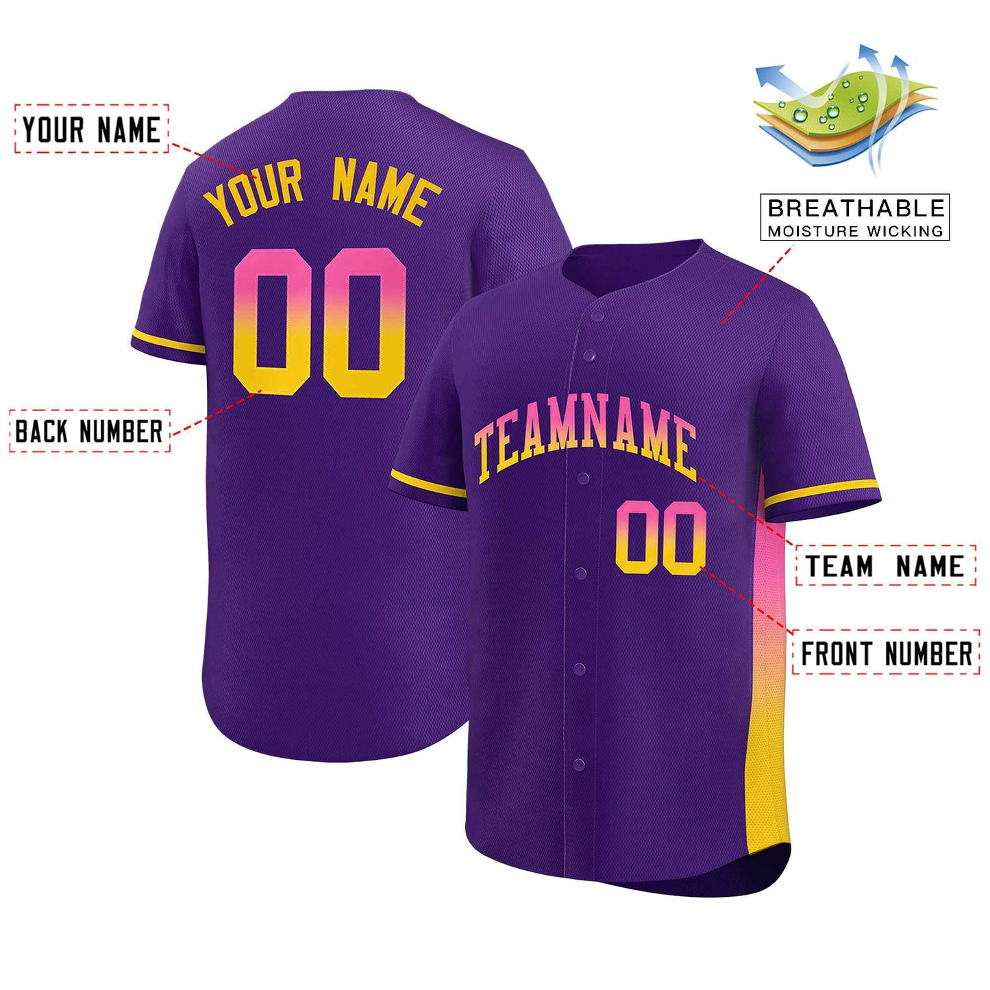 Custom Purple Pink-Gold Personalized Gradient Font And Side Design Authentic Baseball Jersey