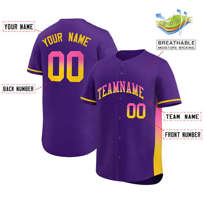 Custom Purple Pink-Gold Personalized Gradient Font And Side Design Authentic Baseball Jersey