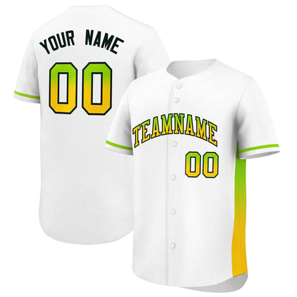 Custom White Neon Green-Gold Personalized Gradient Font And Side Design Authentic Baseball Jersey