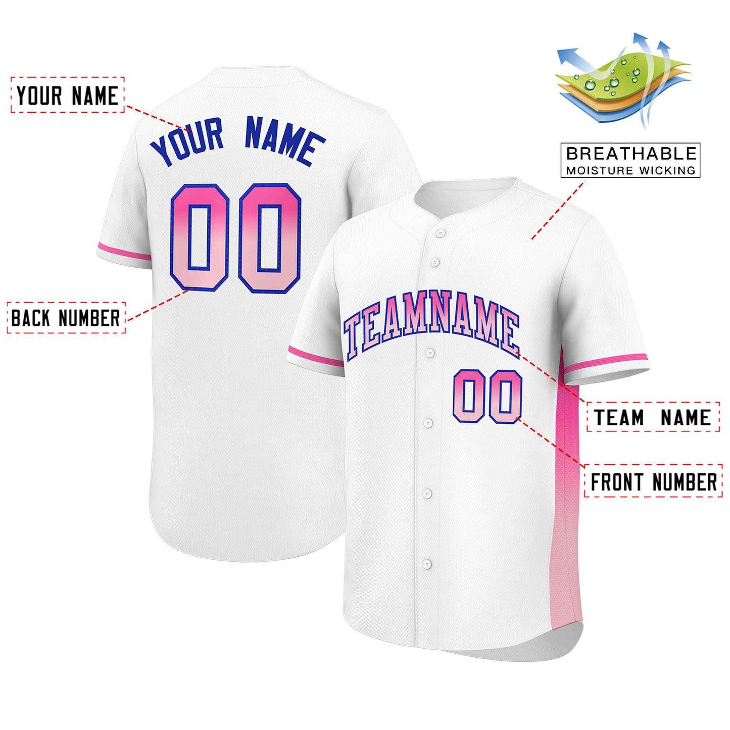 Custom White Pink-Lt Pink Personalized Gradient Font And Side Design Authentic Baseball Jersey