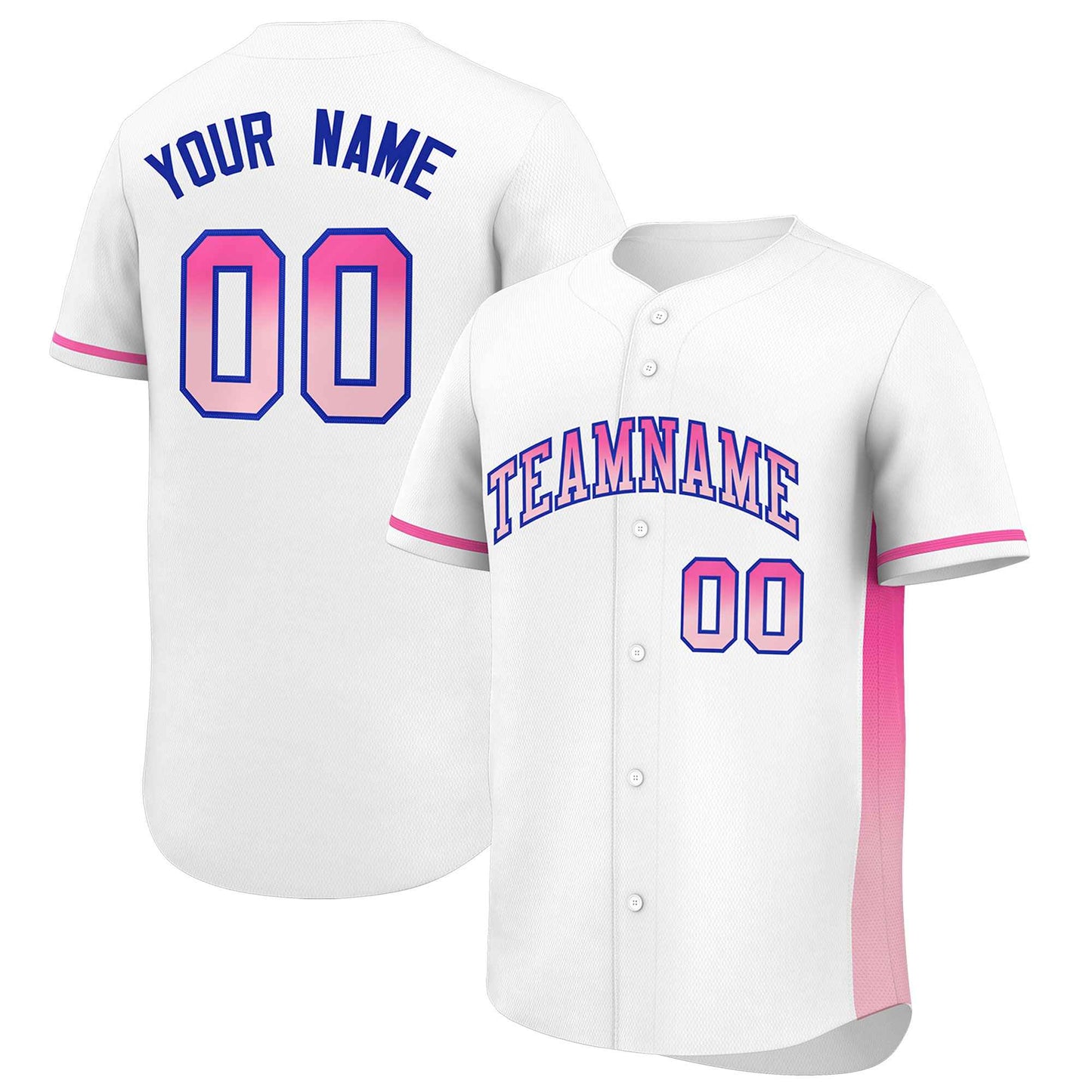 Custom White Pink-Lt Pink Personalized Gradient Font And Side Design Authentic Baseball Jersey