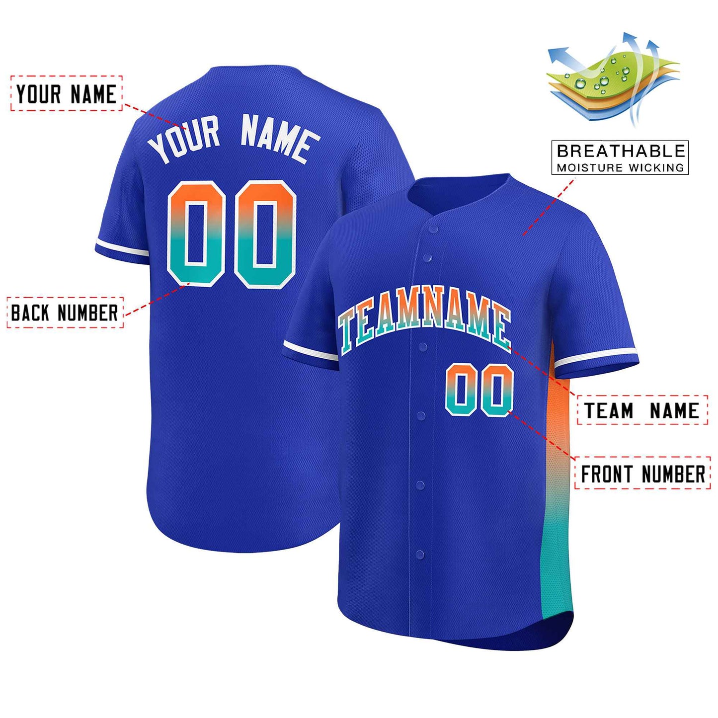 Custom Royal Orange-Aqua Personalized Gradient Font And Side Design Authentic Baseball Jersey