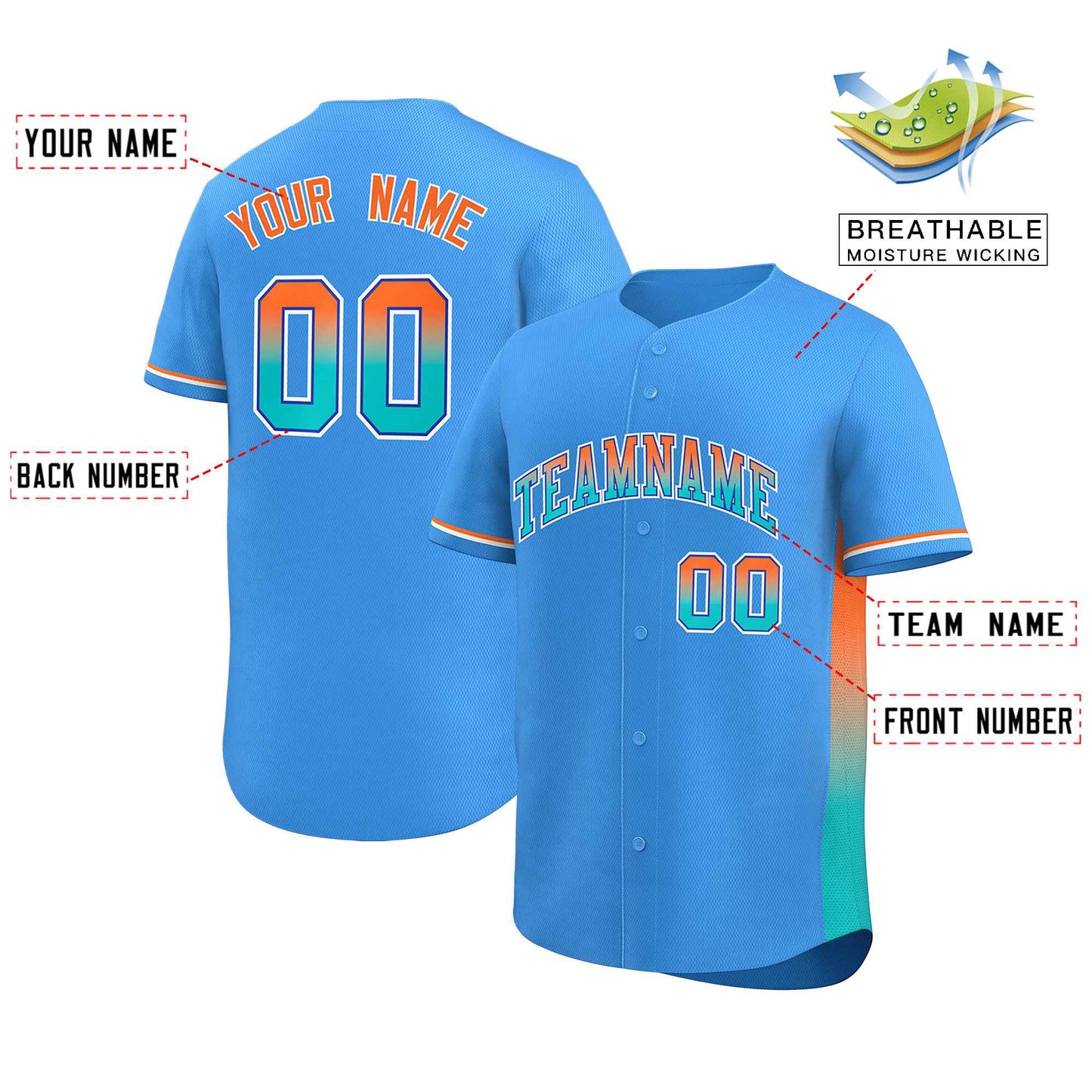 Custom Powder Blue Orange-Aqua Personalized Gradient Font And Side Design Authentic Baseball Jersey