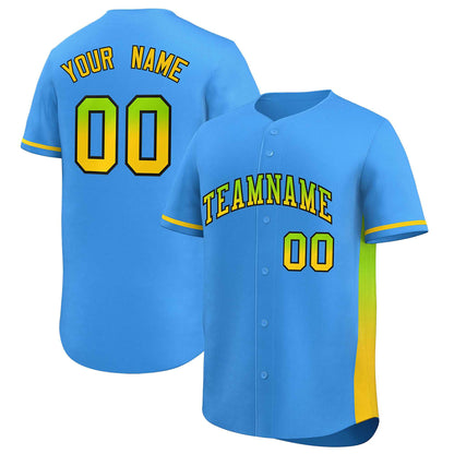 Custom Powder Blue Neon Green-Gold Personalized Gradient Font And Side Design Authentic Baseball Jersey