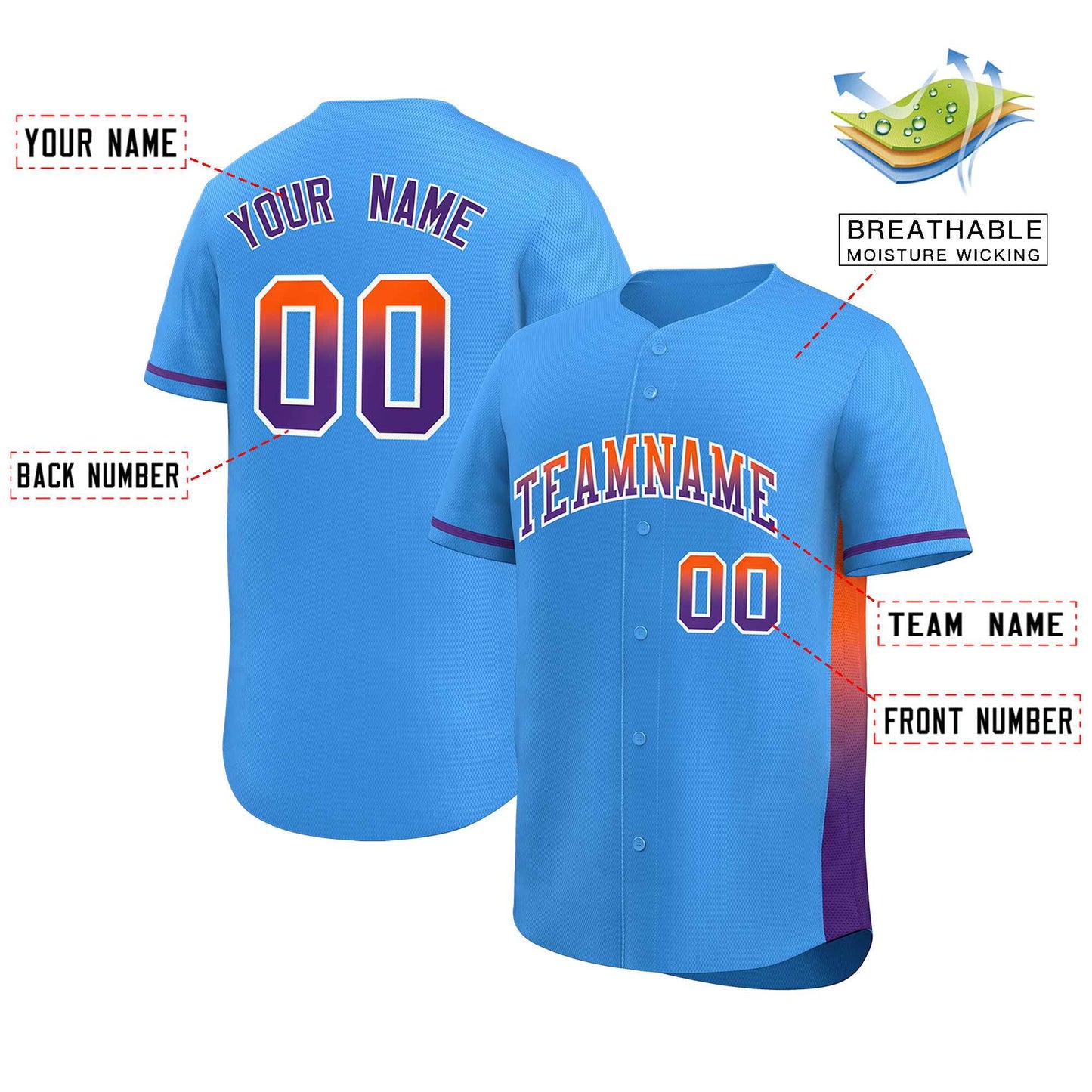 Custom Powder Blue Orange-Purple Personalized Gradient Font And Side Design Authentic Baseball Jersey