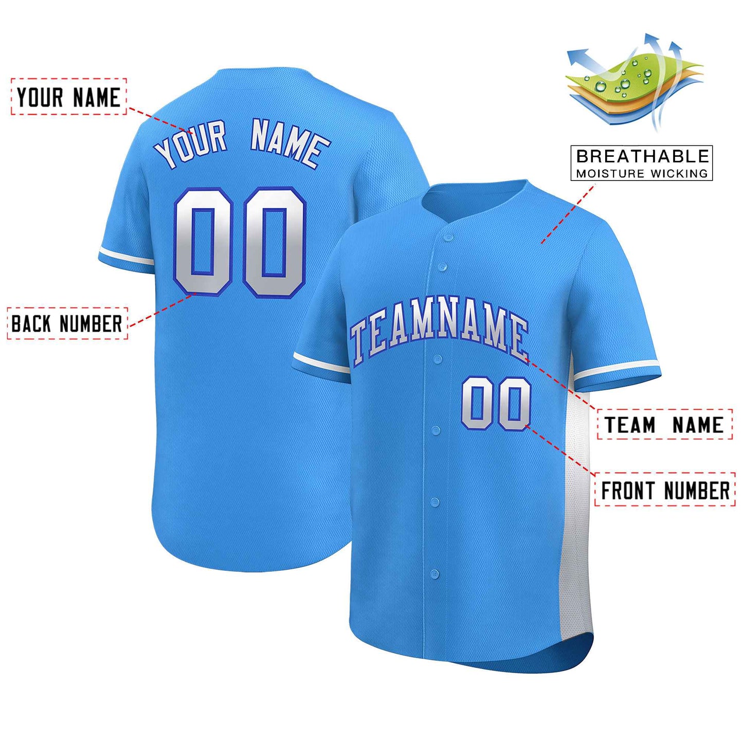 Custom Powder Blue White-Lt Gray Personalized Gradient Font And Side Design Authentic Baseball Jersey