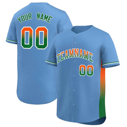 Custom Light Blue Orange-Kelly Green Personalized Gradient Font And Side Design Authentic Baseball Jersey