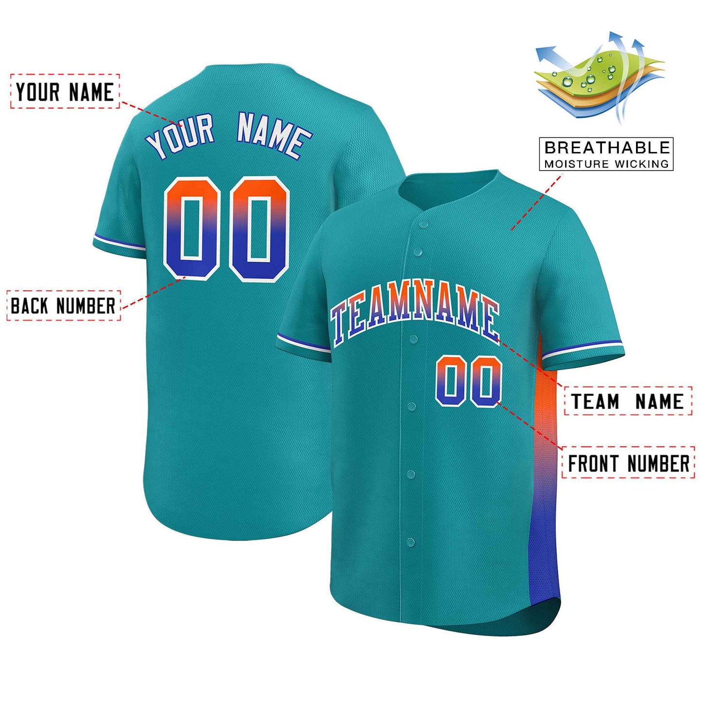 Custom Aqua Orange-Royal Personalized Gradient Font And Side Design Authentic Baseball Jersey