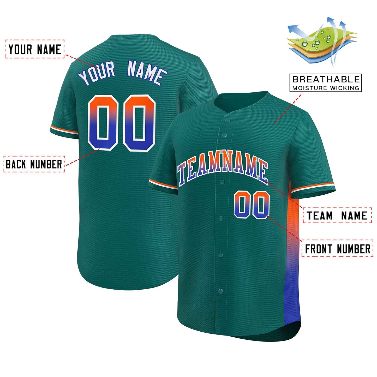 Custom Aqua Orange-Royal Personalized Gradient Font And Side Design Authentic Baseball Jersey