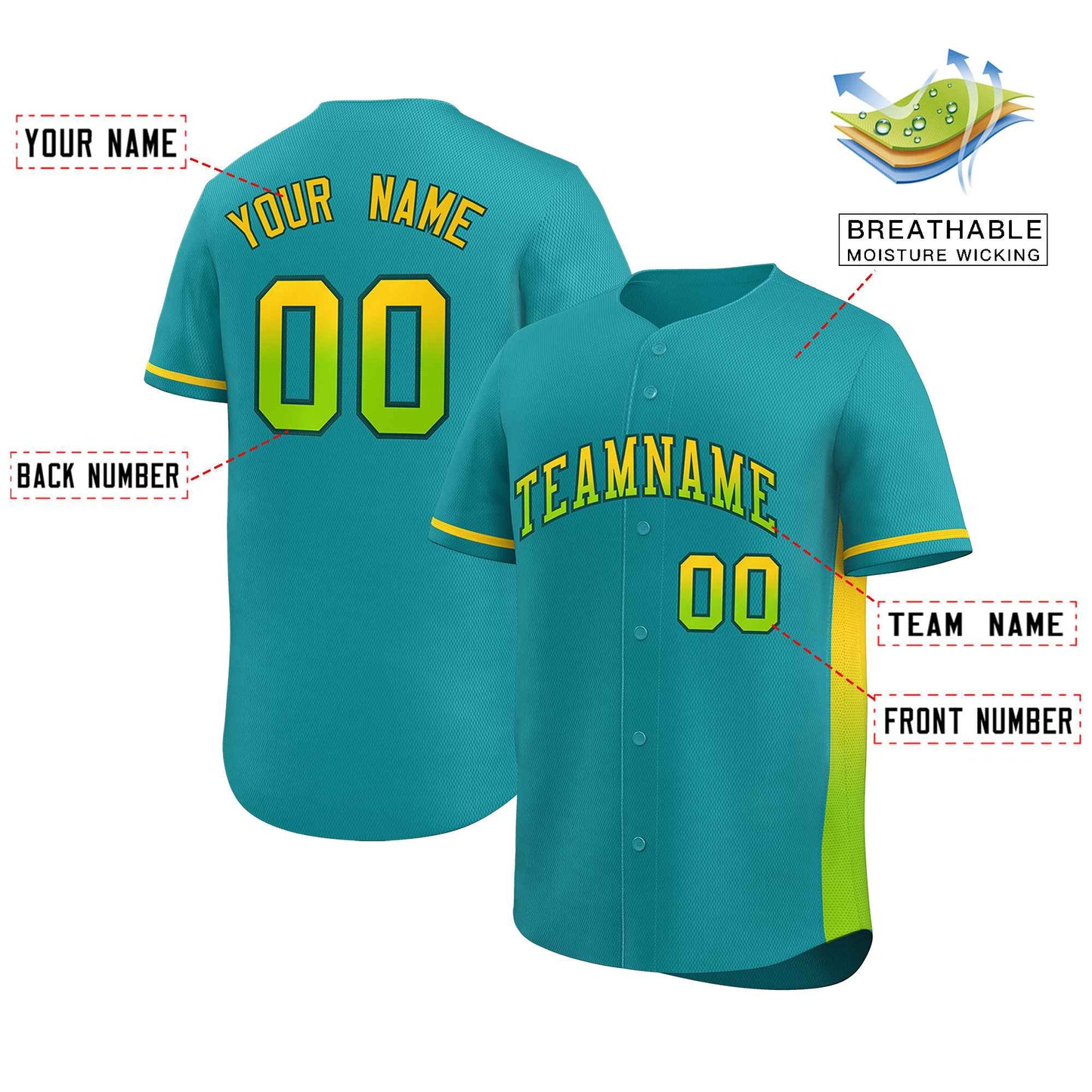 Custom Aqua Gold-Neon Green Personalized Gradient Font And Side Design Authentic Baseball Jersey