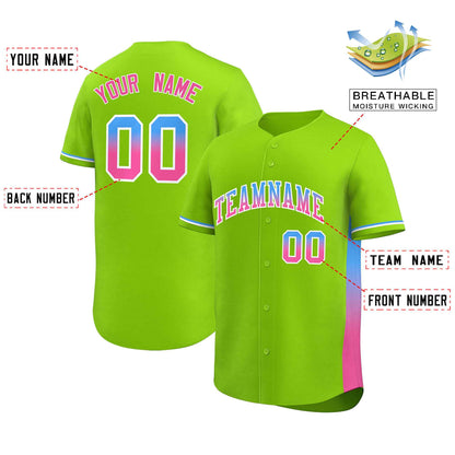 Custom Neon Green Powder Blue-Pink Personalized Gradient Font And Side Design Authentic Baseball Jersey