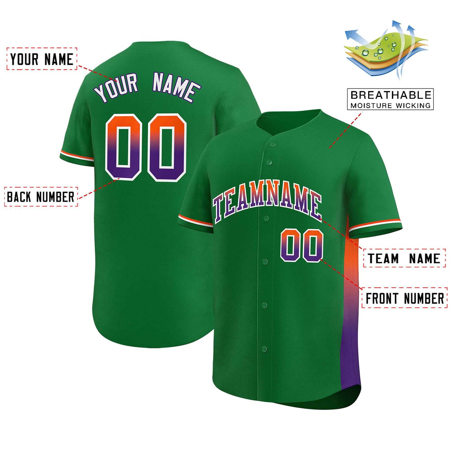 Custom Kelly Green Orange-Purple Personalized Gradient Font And Side Design Authentic Baseball Jersey