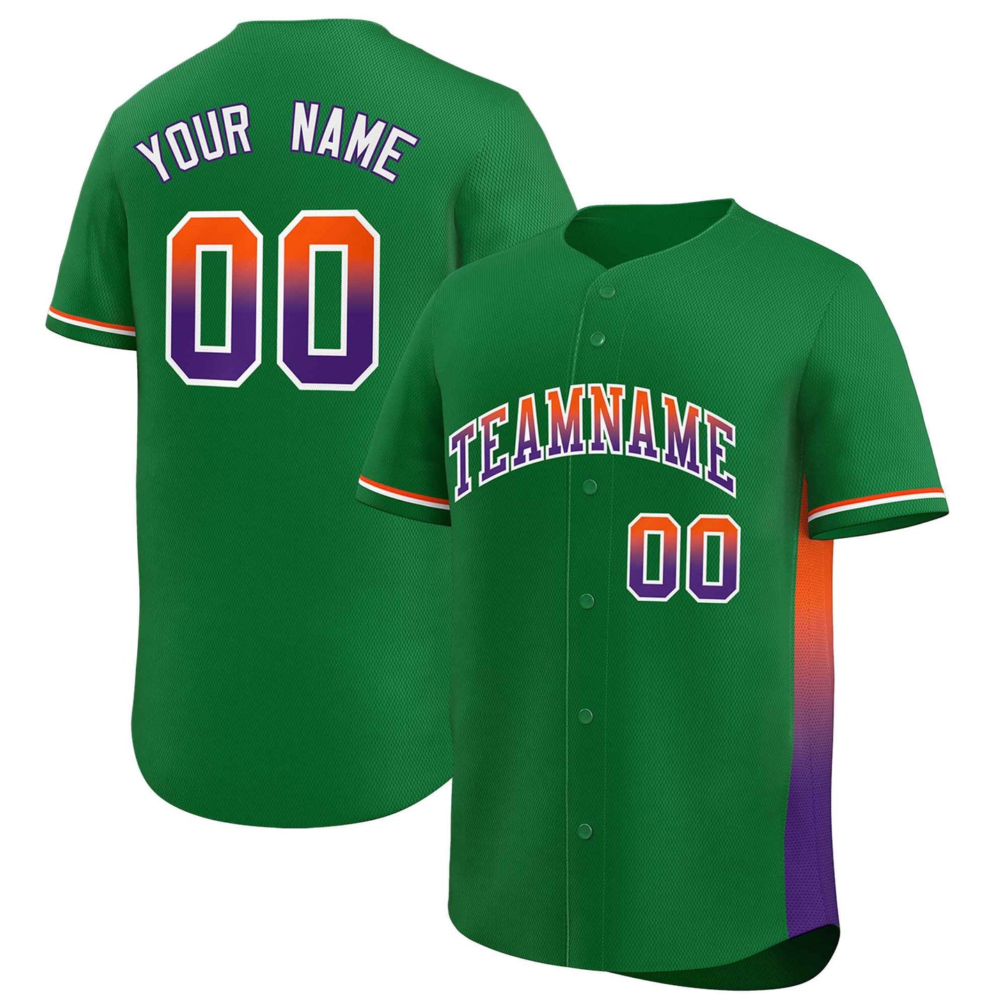 Custom Kelly Green Orange-Purple Personalized Gradient Font And Side Design Authentic Baseball Jersey