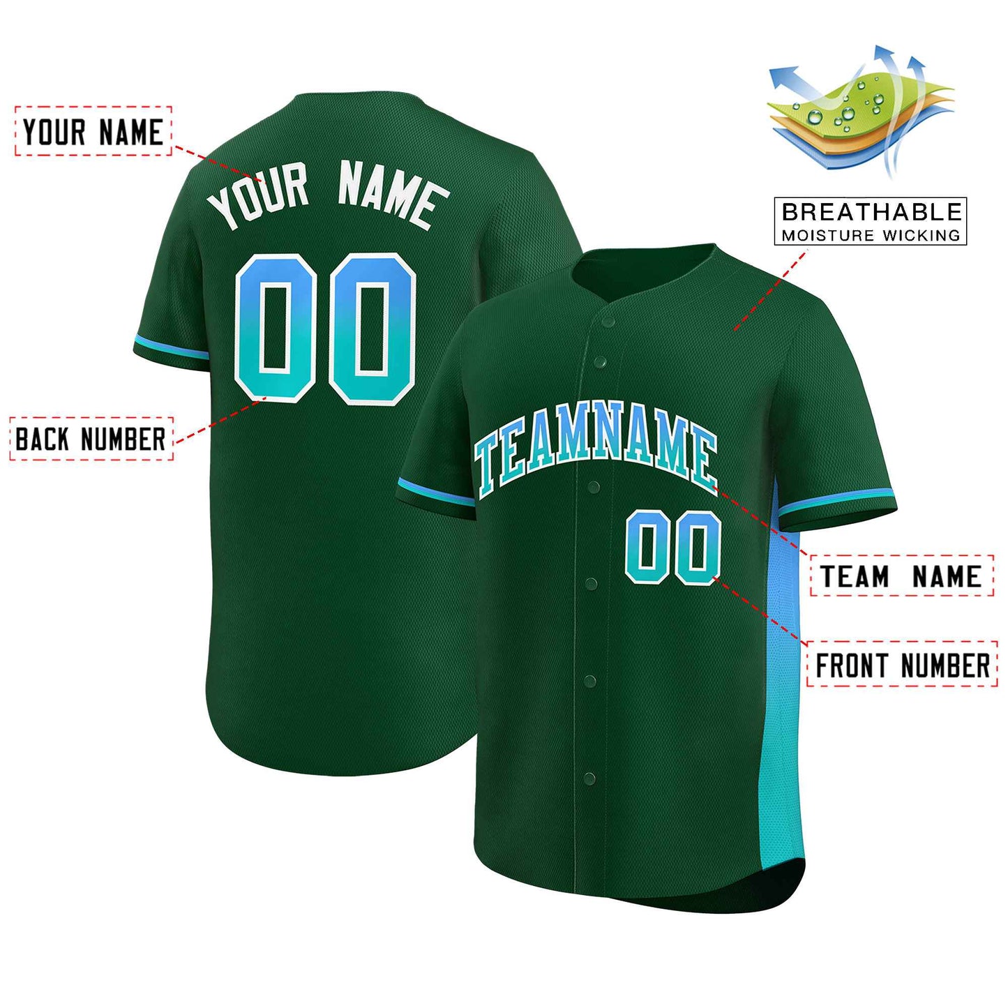 Custom Green Powder Blue-Aqua Personalized Gradient Font And Side Design Authentic Baseball Jersey