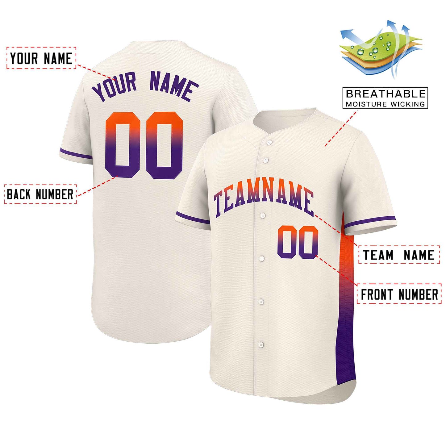 Custom Cream Orange-Purple Personalized Gradient Font And Side Design Authentic Baseball Jersey