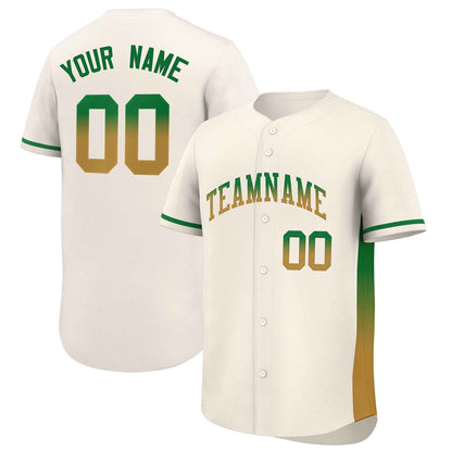 Custom Cream Kelly Green-Old Gold Personalized Gradient Font And Side Design Authentic Baseball Jersey