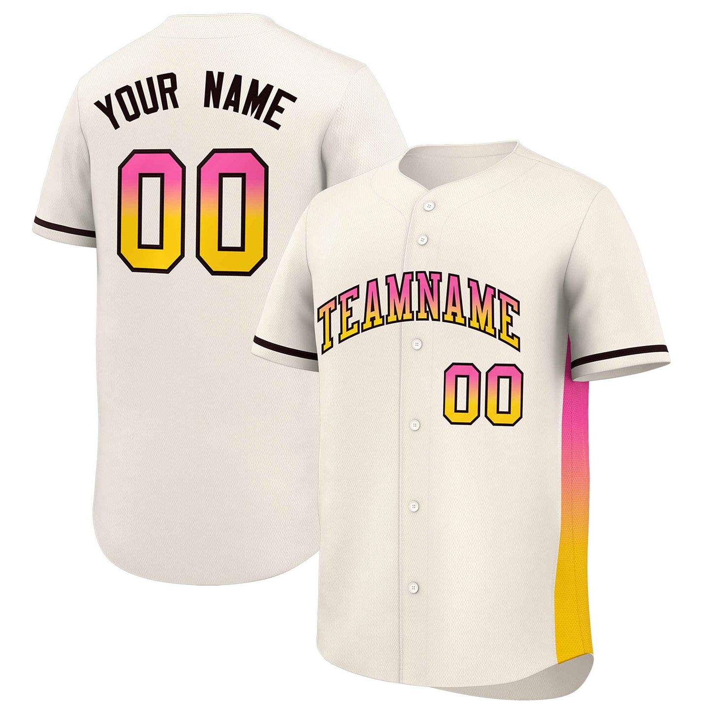 Custom Cream Pink-Gold Personalized Gradient Font And Side Design Authentic Baseball Jersey