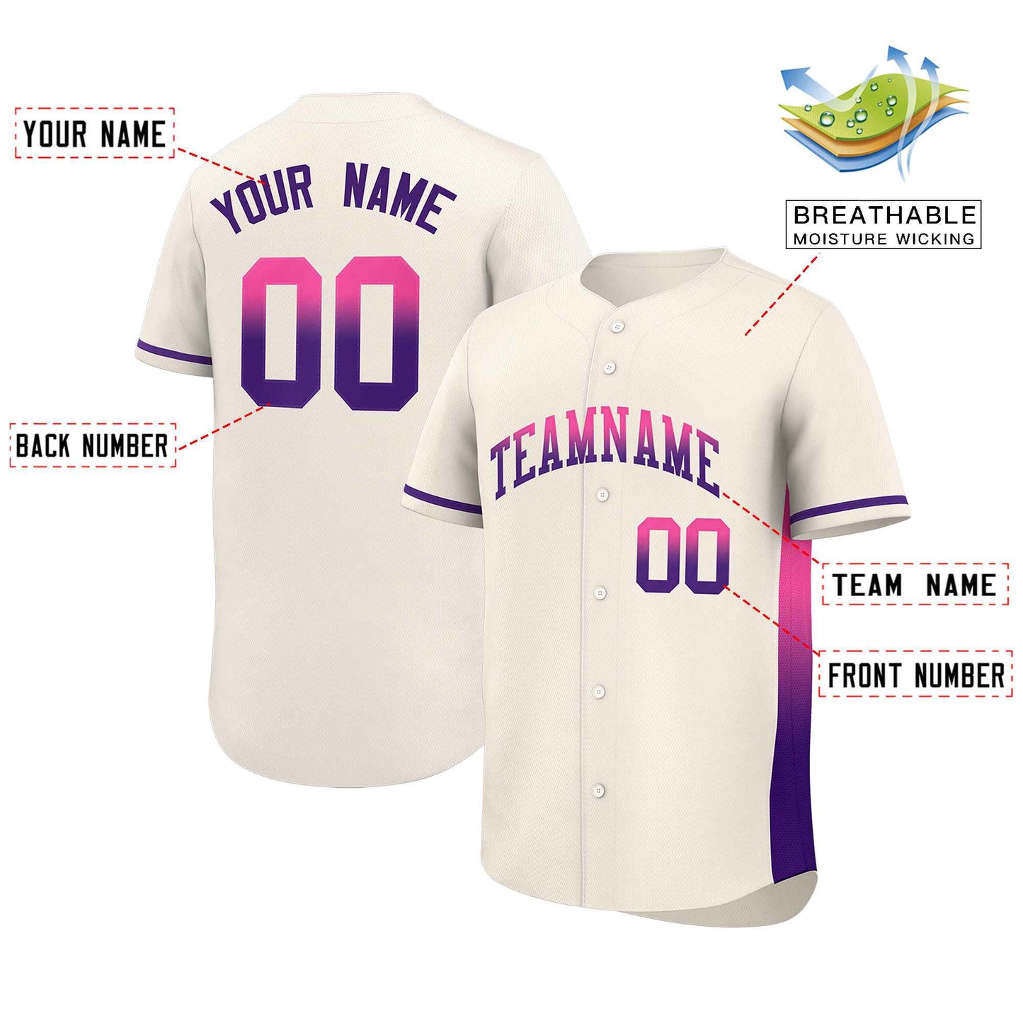 Custom Cream Pink-Purple Personalized Gradient Font And Side Design Authentic Baseball Jersey