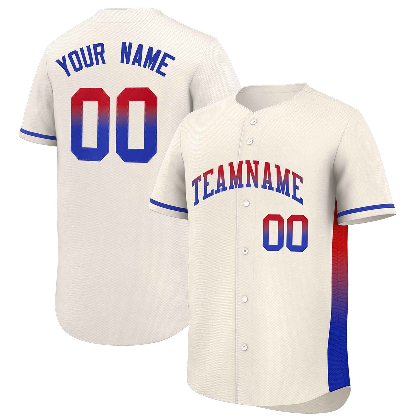 Custom Cream Red-Royal Personalized Gradient Font And Side Design Authentic Baseball Jersey