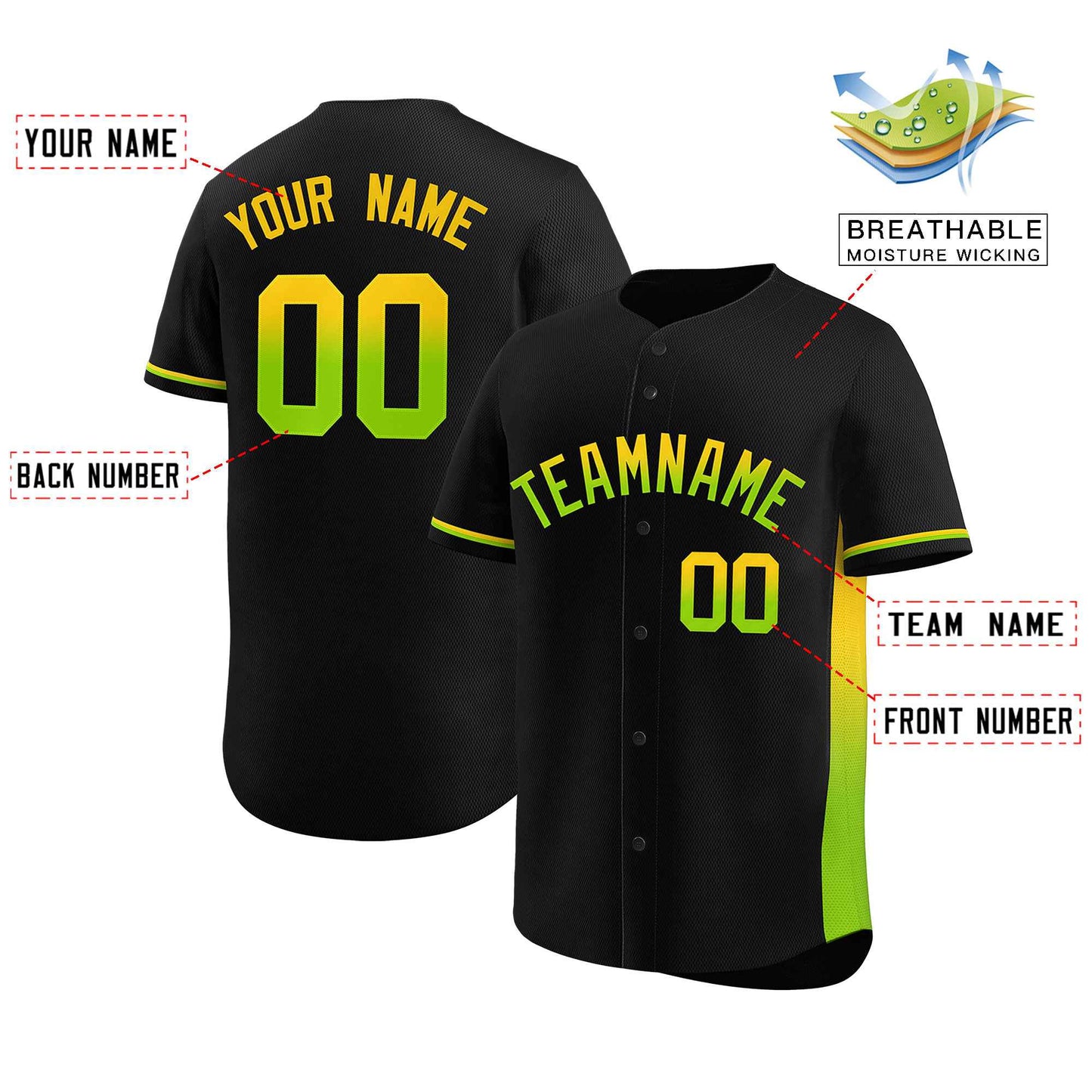 Custom Black Gold-Neon Green Personalized Gradient Font And Side Design Authentic Baseball Jersey