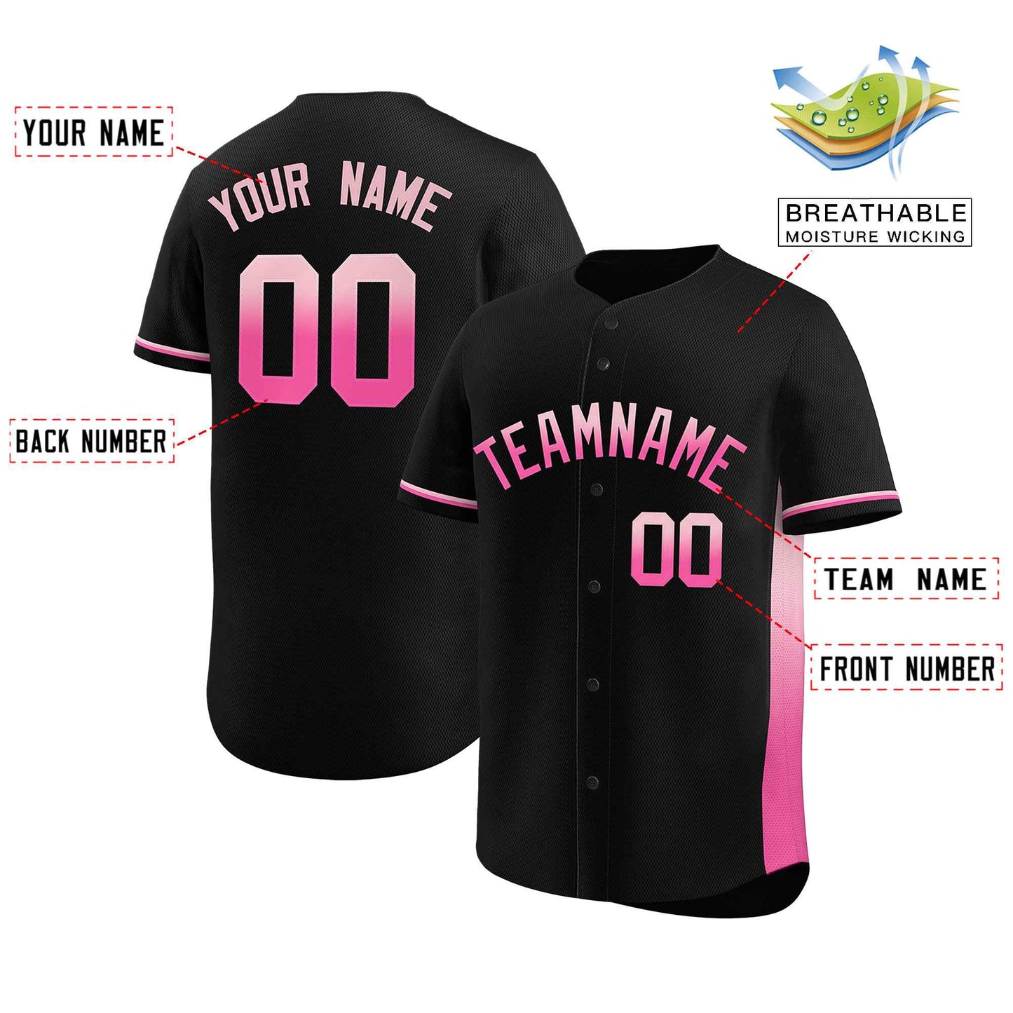 Custom Black Light Pink-Pink Personalized Gradient Font And Side Design Authentic Baseball Jersey