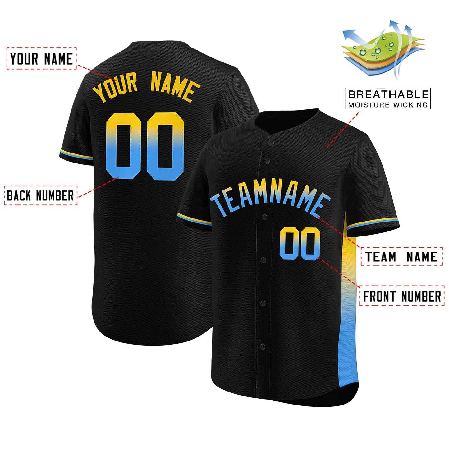 Custom Black Gold-Powder Blue Personalized Gradient Font And Side Design Authentic Baseball Jersey