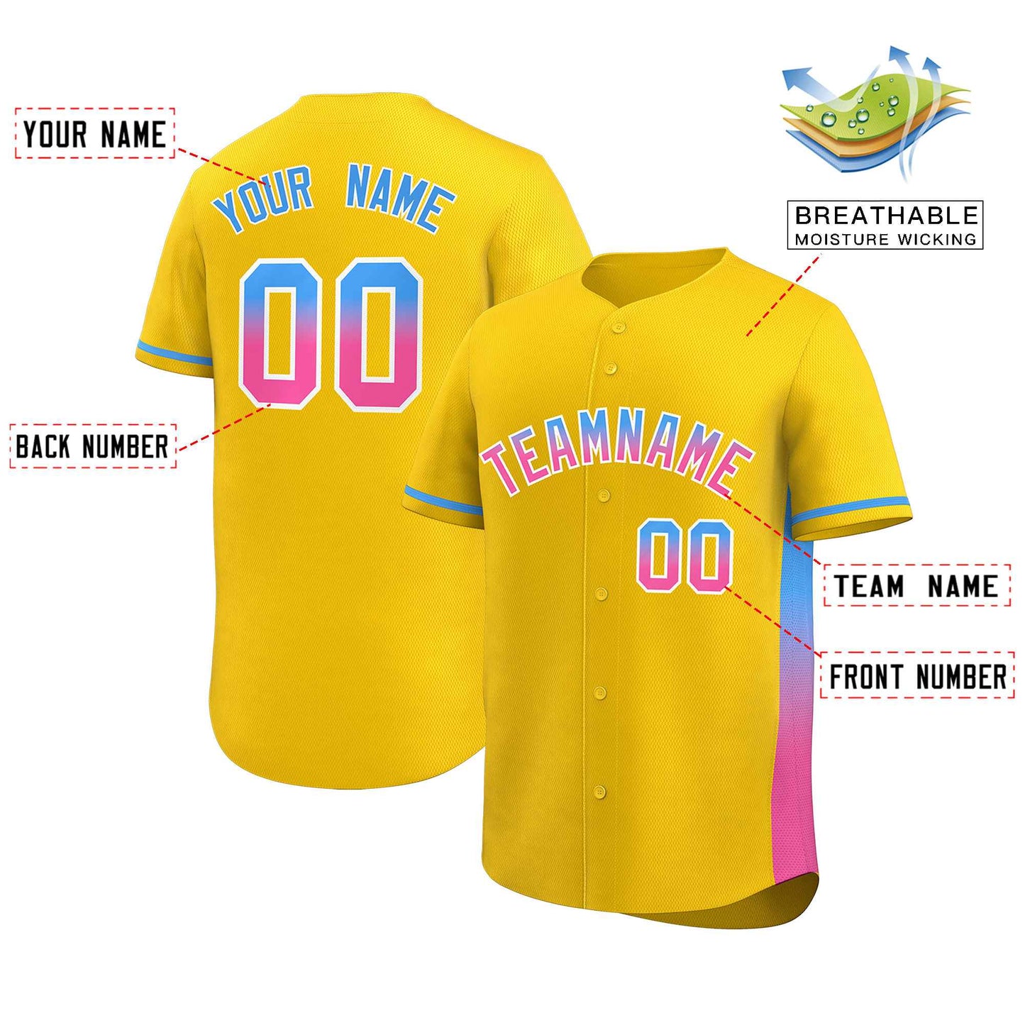 Custom Gold Powder Blue-Pink Personalized Gradient Font And Side Design Authentic Baseball Jersey