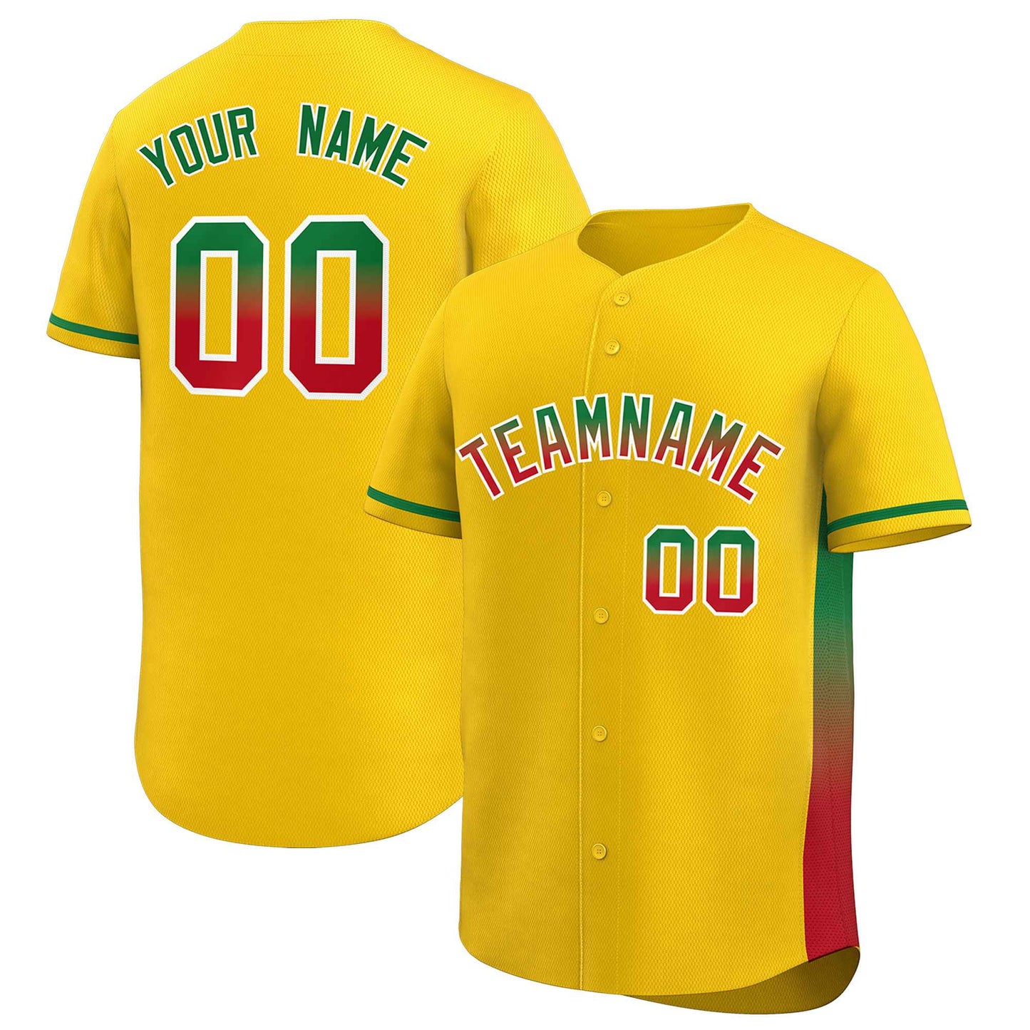 Custom Gold Kelly Green-Red Personalized Gradient Font And Side Design Authentic Baseball Jersey