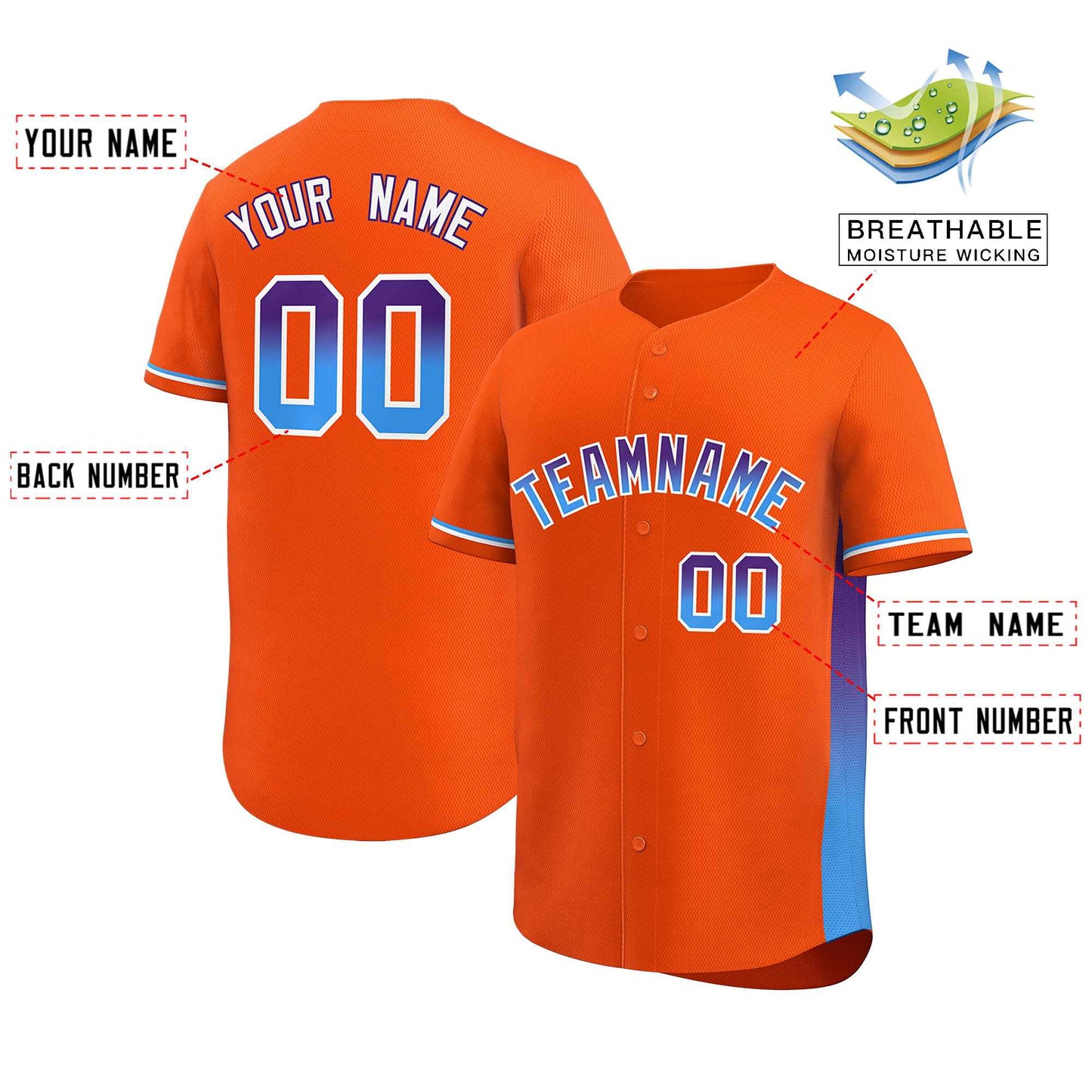 Custom Orange Purple-Powder Blue Personalized Gradient Font And Side Design Authentic Baseball Jersey