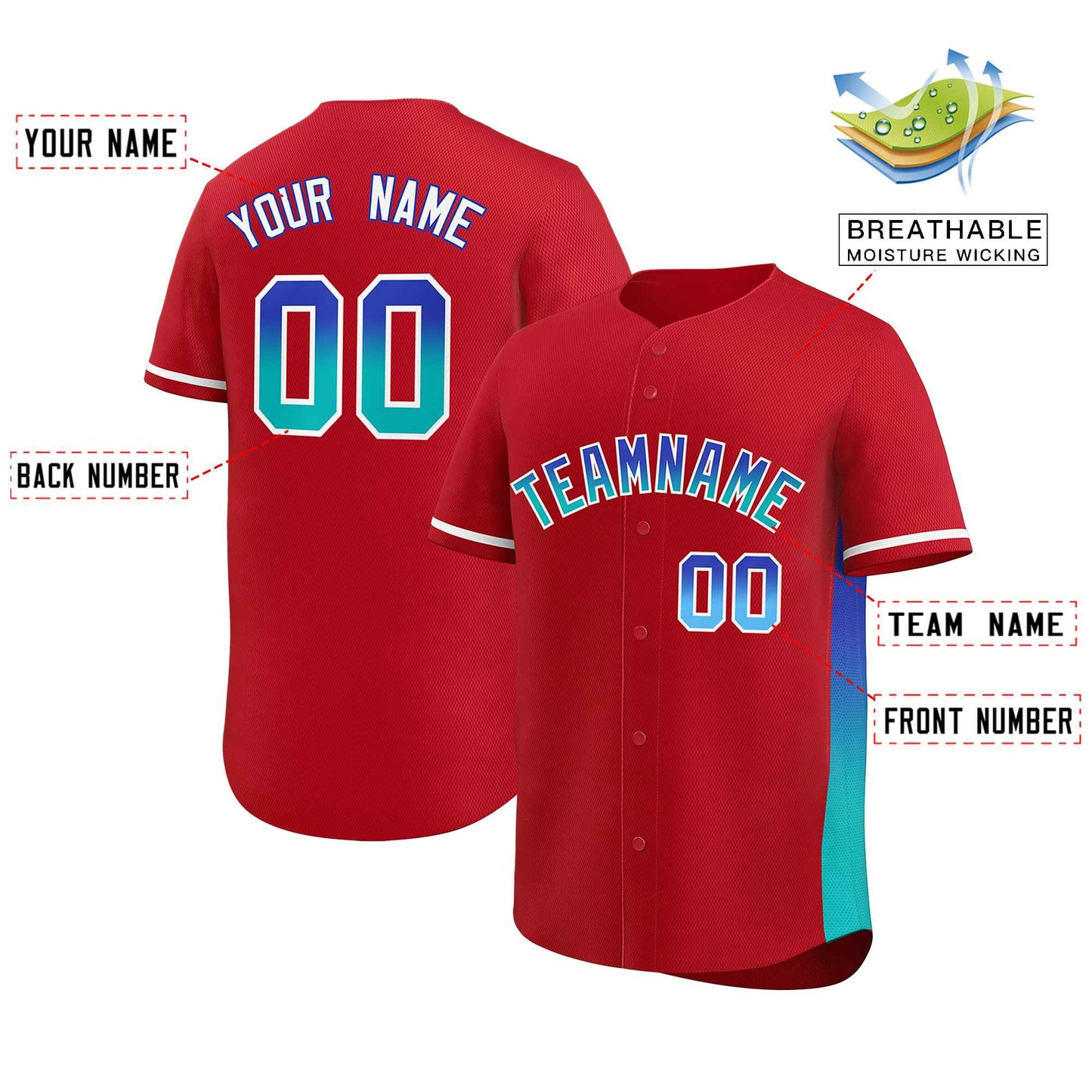 Custom Red Royal-Aqua Personalized Gradient Font And Side Design Authentic Baseball Jersey