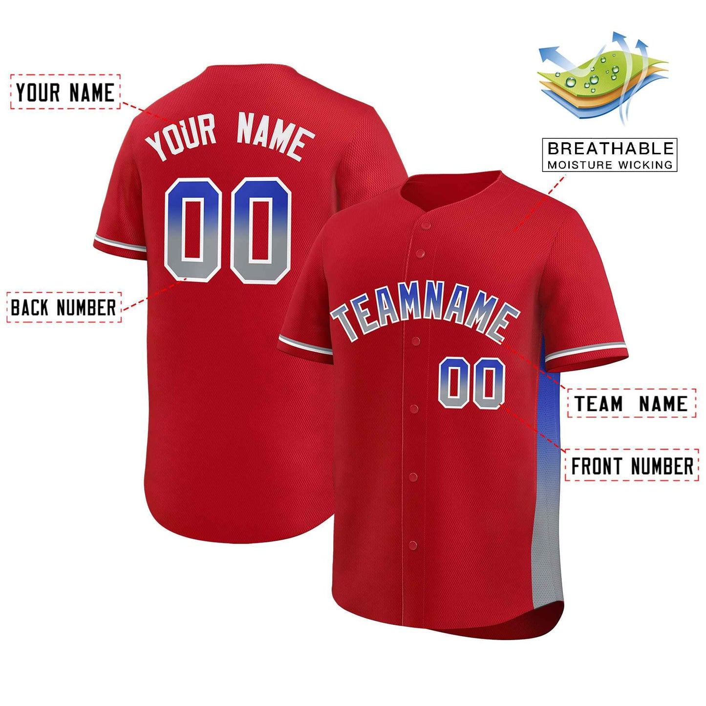 Custom Red Royal-Lt Gray Personalized Gradient Font And Side Design Authentic Baseball Jersey