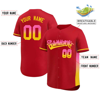 Custom Red Pink-Gold Personalized Gradient Font And Side Design Authentic Baseball Jersey