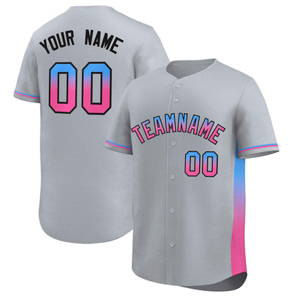 Custom Light Gray Powder Blue-Pink Personalized Gradient Font And Side Design Authentic Baseball Jersey