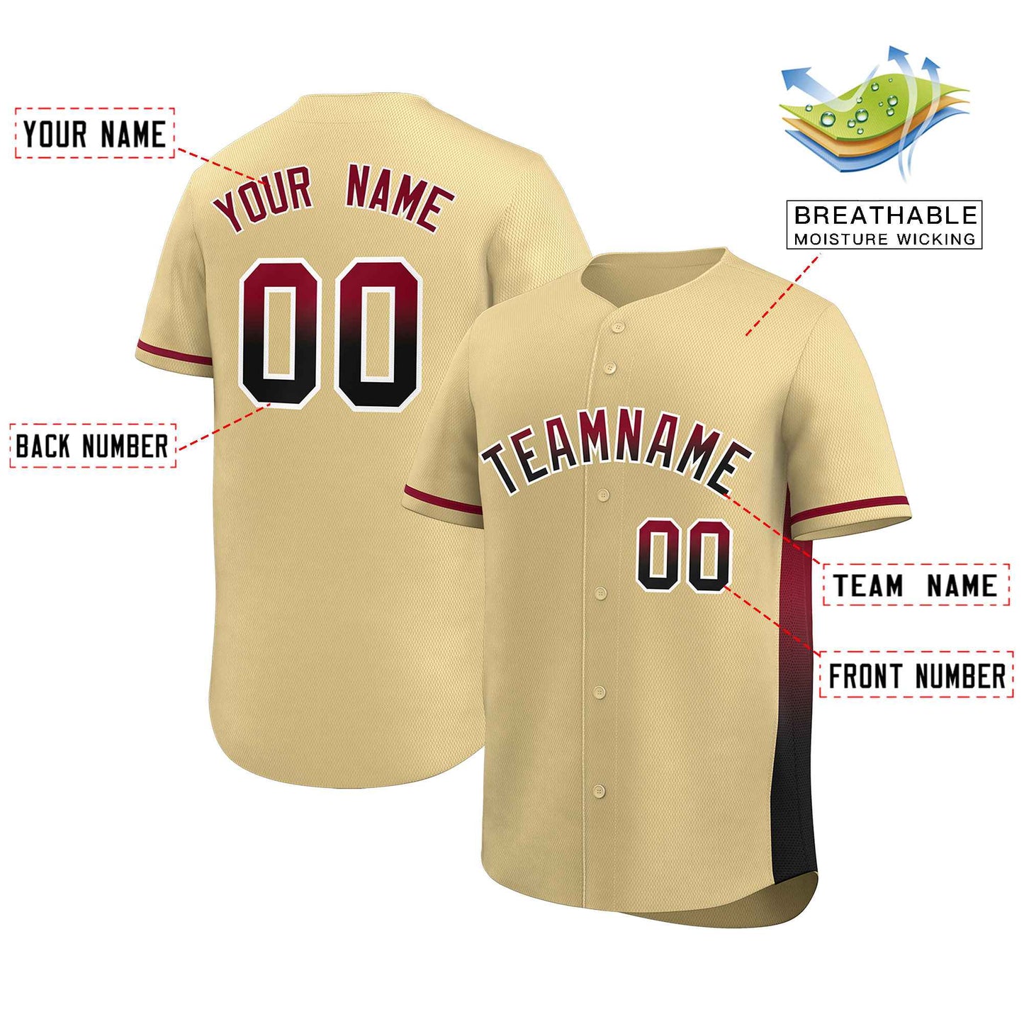 Custom Khaki Crimson-Black Personalized Gradient Font And Side Design Authentic Baseball Jersey