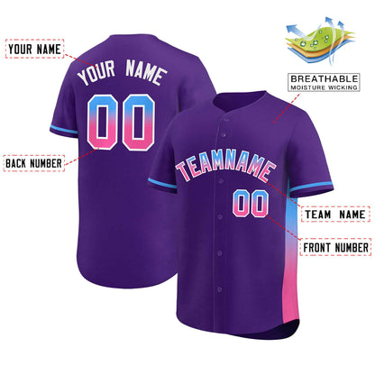 Custom Purple Powder Blue-Pink Personalized Gradient Font And Side Design Authentic Baseball Jersey