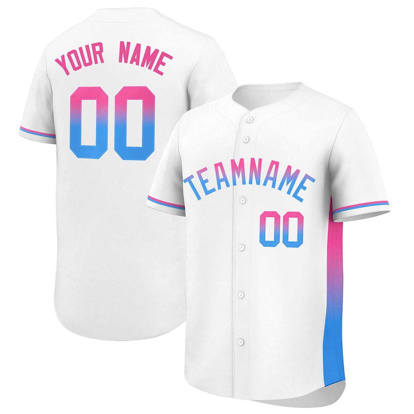 Custom White Pink-Powder Blue Personalized Gradient Font And Side Design Authentic Baseball Jersey