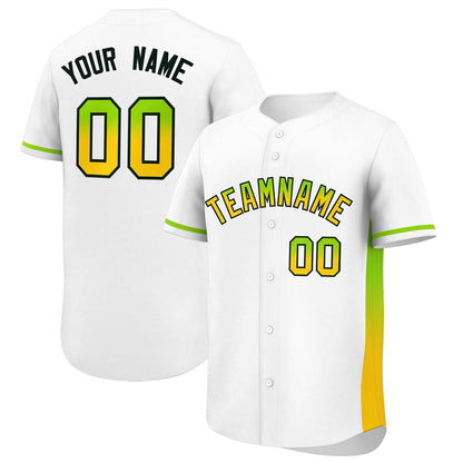 Custom White Neon Green-Gold Personalized Gradient Font And Side Design Authentic Baseball Jersey