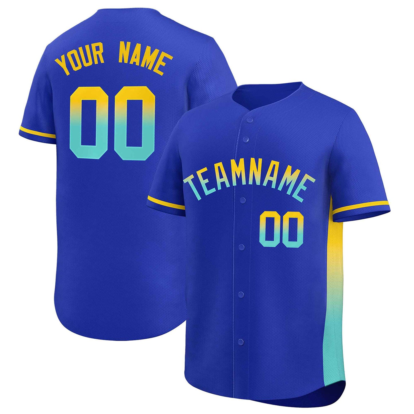 Custom Royal Gold-Lt Green Personalized Gradient Font And Side Design Authentic Baseball Jersey