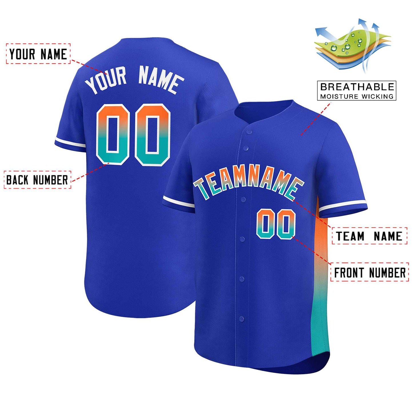 Custom Royal Orange-Aqua Personalized Gradient Font And Side Design Authentic Baseball Jersey