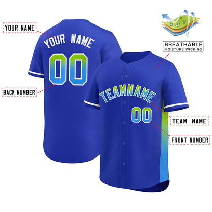 Custom Royal Neon Green-Powder Blue Personalized Gradient Font And Side Design Authentic Baseball Jersey