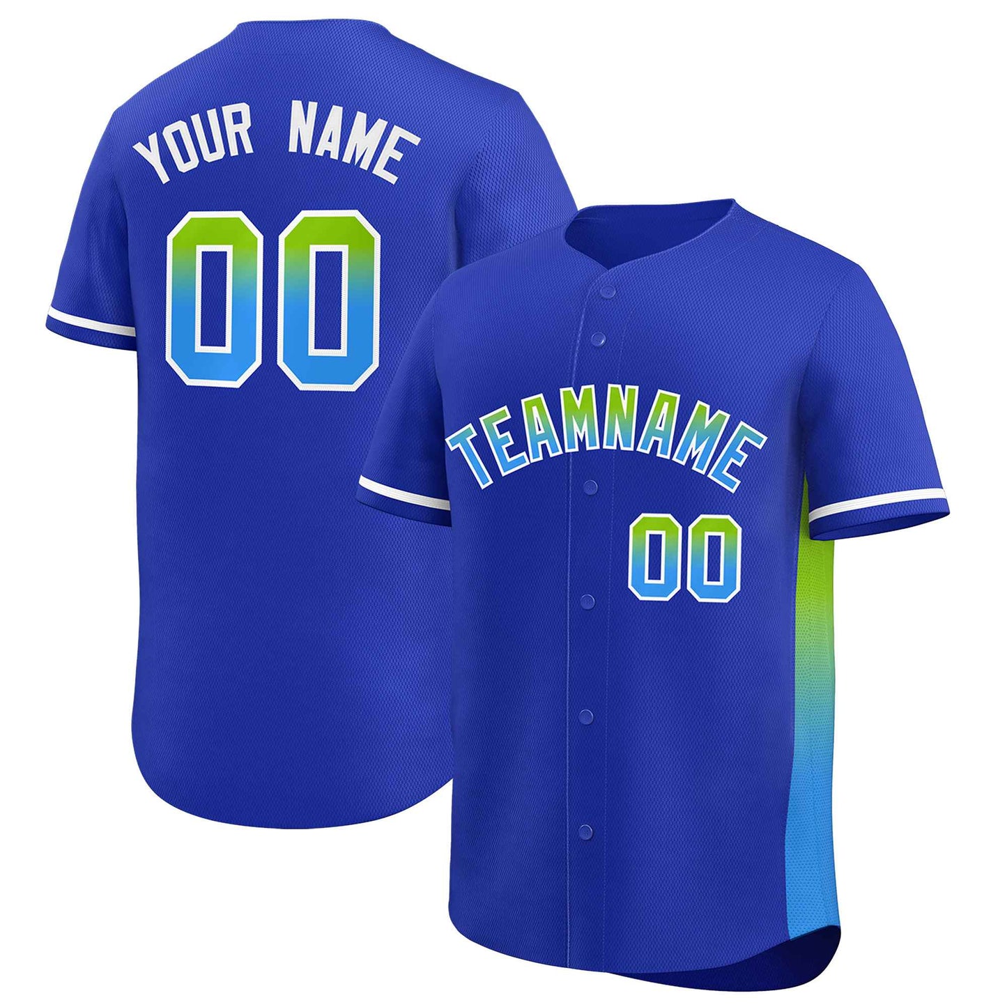 Custom Royal Neon Green-Powder Blue Personalized Gradient Font And Side Design Authentic Baseball Jersey