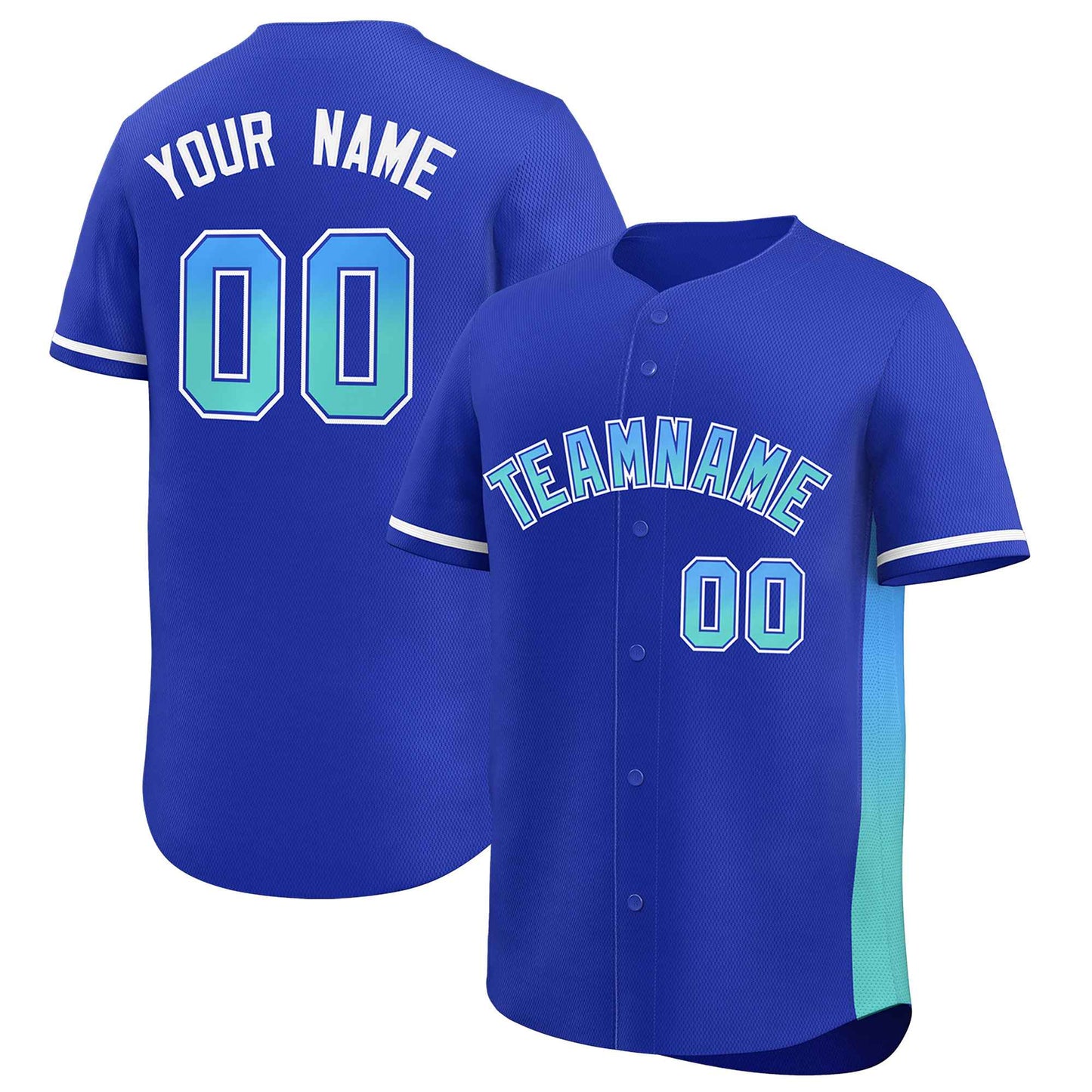 Custom Royal Powder Blue-Light Green Personalized Gradient Font And Side Design Authentic Baseball Jersey