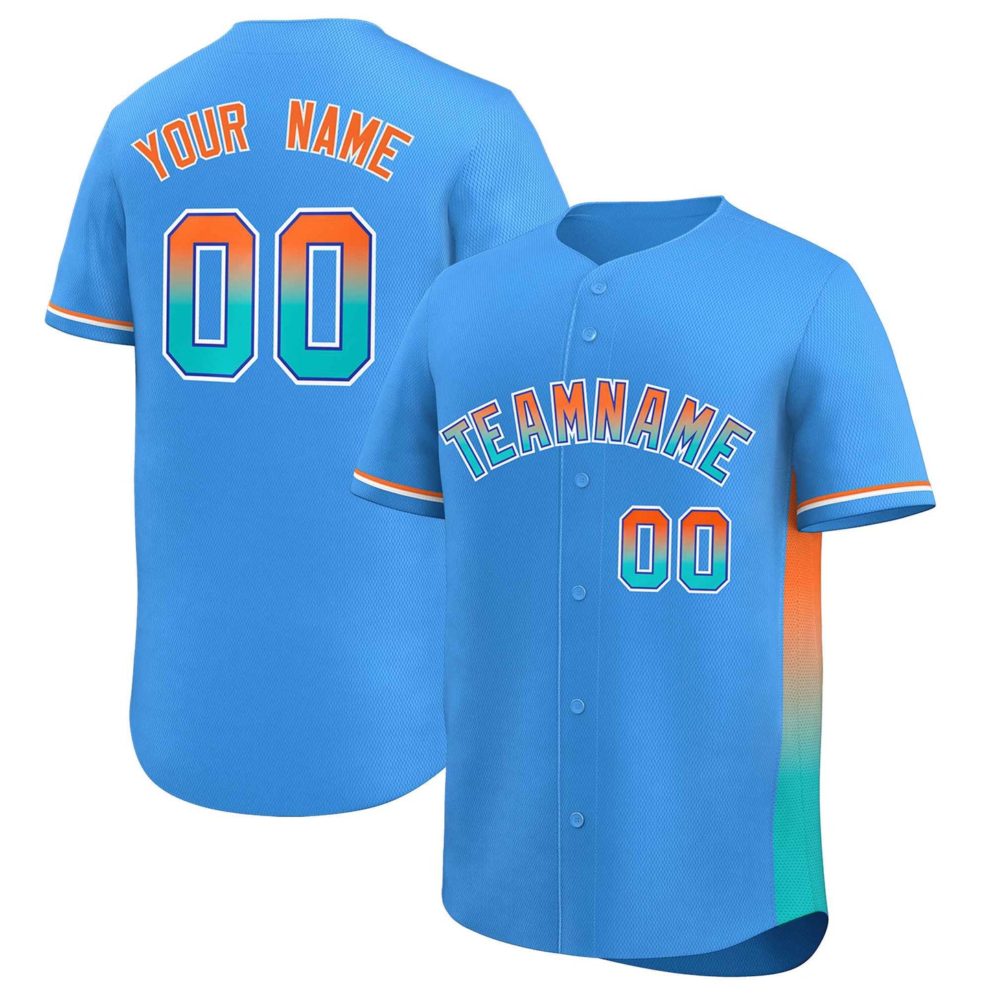 Custom Powder Blue Orange-Aqua Personalized Gradient Font And Side Design Authentic Baseball Jersey