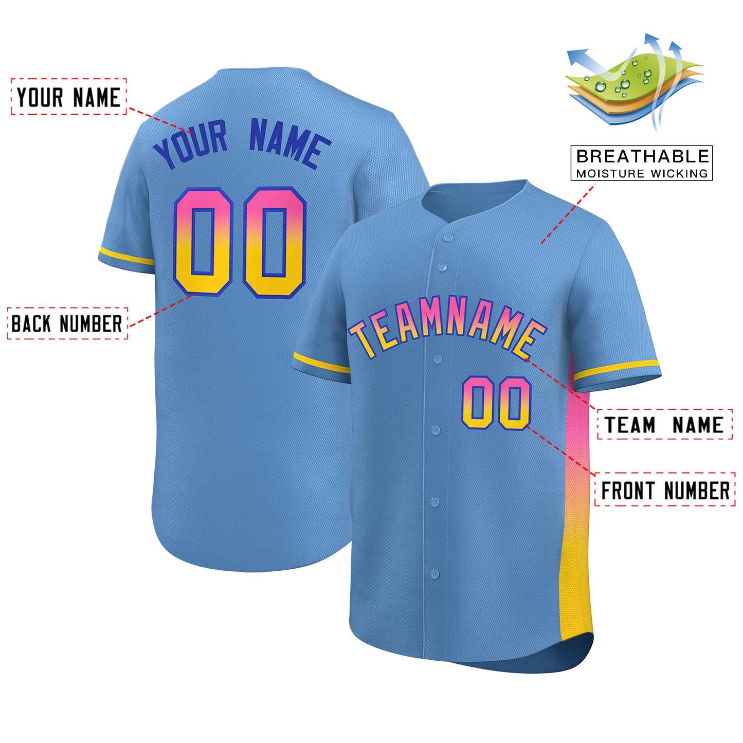 Custom Light Blue Pink-Gold Personalized Gradient Font And Side Design Authentic Baseball Jersey