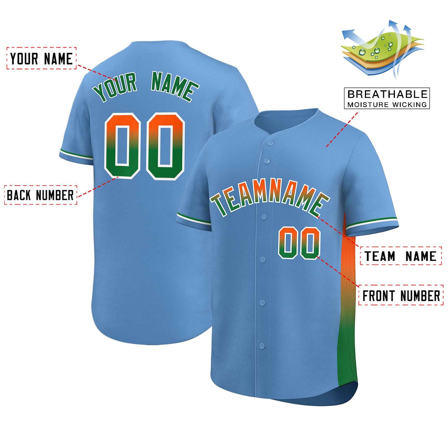 Custom Light Blue Orange-Kelly Green Personalized Gradient Font And Side Design Authentic Baseball Jersey