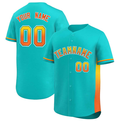 Custom Aqua Gold-Orange Personalized Gradient Font And Side Design Authentic Baseball Jersey