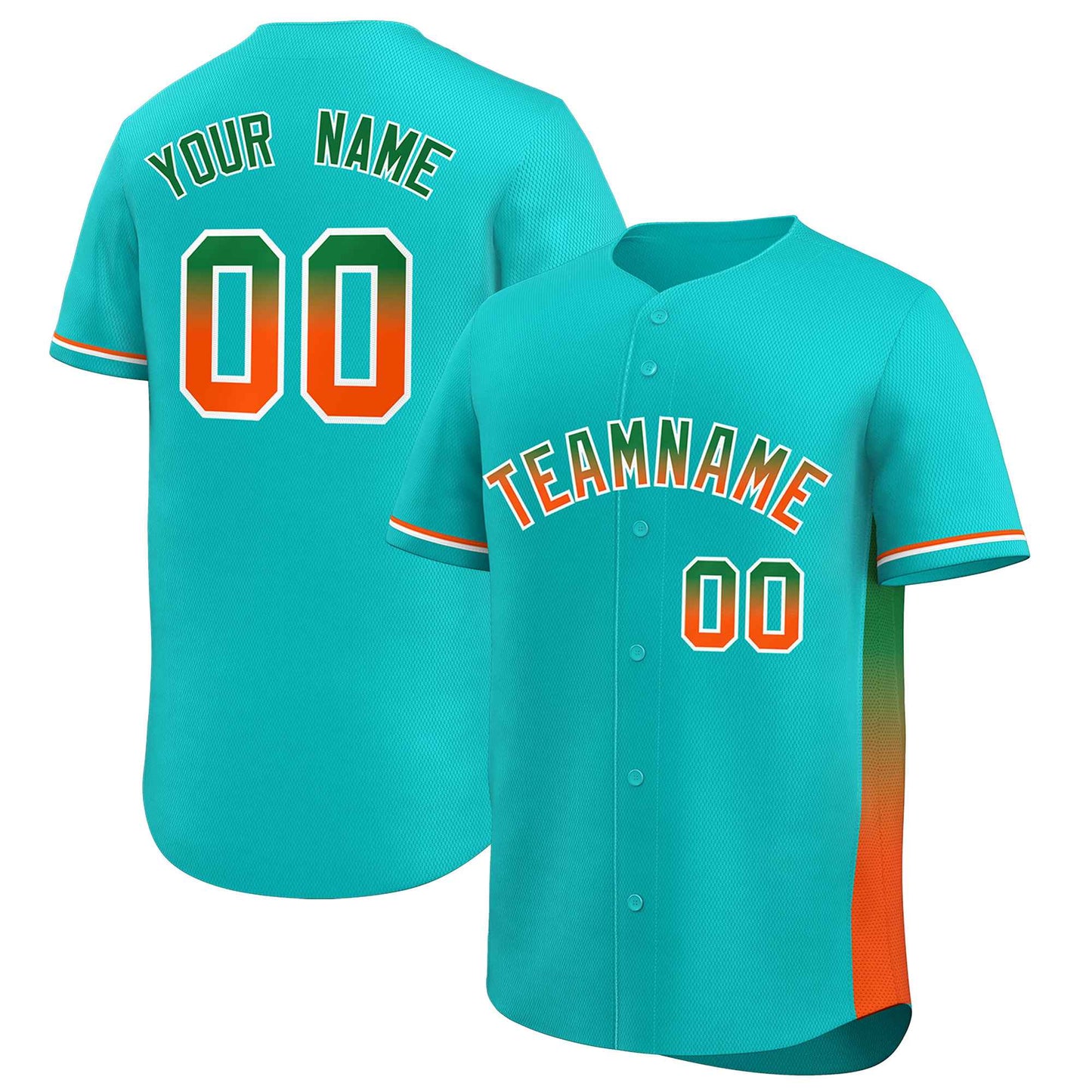 Custom Aqua Kelly Green-Orange Personalized Gradient Font And Side Design Authentic Baseball Jersey