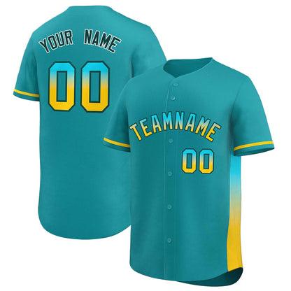 Custom Aqua Sky Blue-Gold Personalized Gradient Font And Side Design Authentic Baseball Jersey