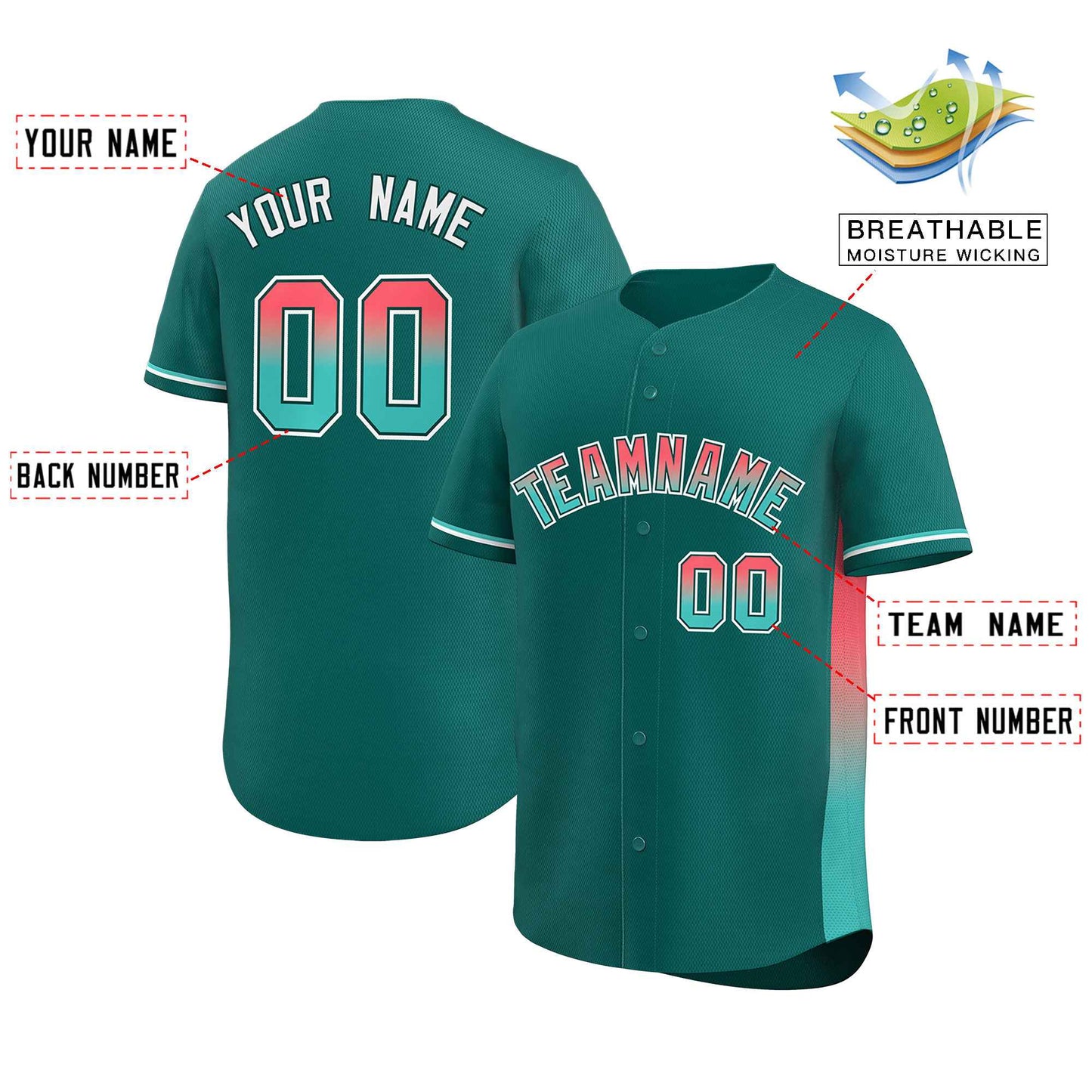 Custom Aqua Lt Red-Aqua Personalized Gradient Font And Side Design Authentic Baseball Jersey